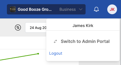 The account menu, showing Switch to Admin Portal
