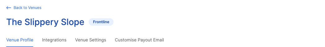 A venue opened in the admin view, showing its four tabs