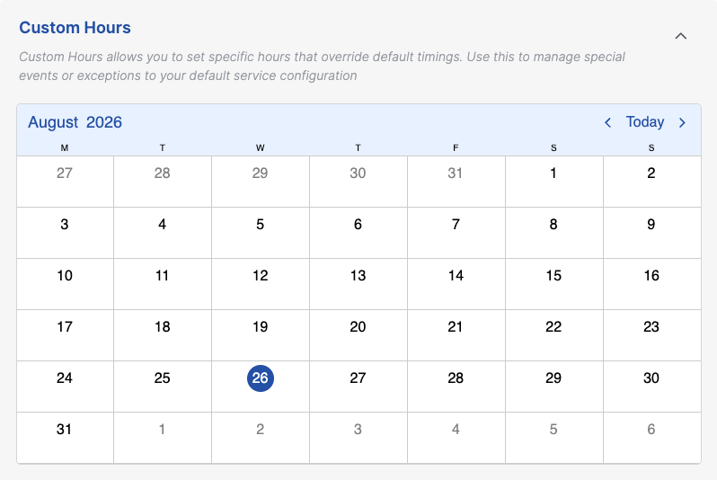 The Custom Hours panel with its month calendar