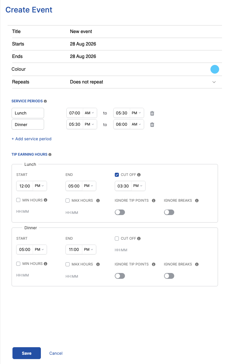 The Create Event form, pre-filled with the venue's default timings
