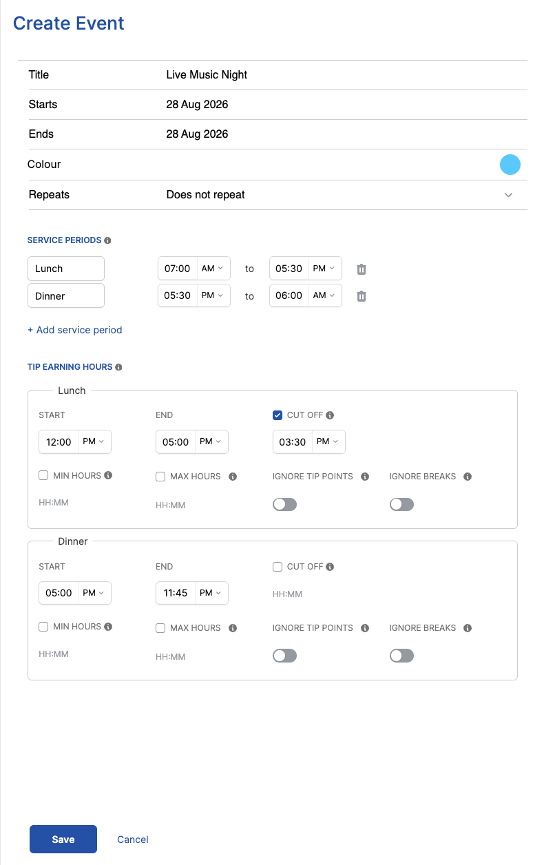 The event filled in — title set and dinner tip earning hours extended