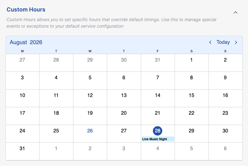 The saved event showing on the Custom Hours calendar