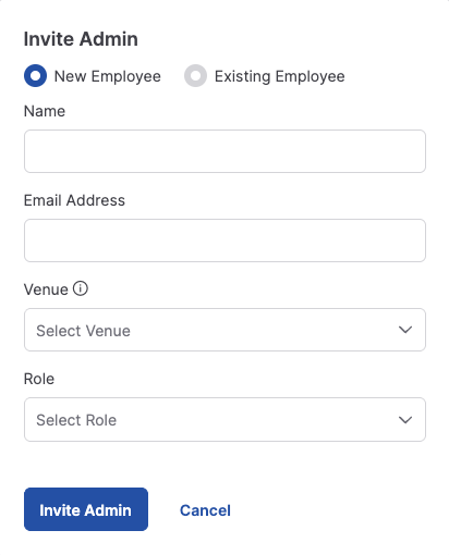 The Invite Admin box, with New Employee selected