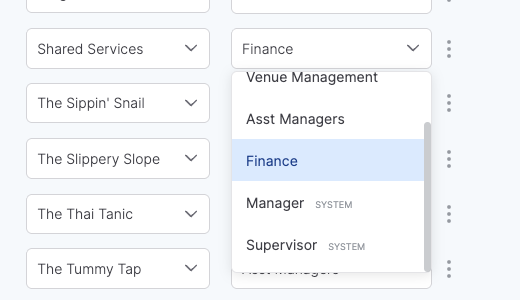 The role dropdown open, showing custom roles and the two system ones