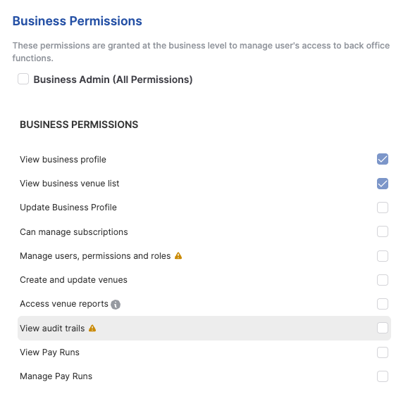 The Business Permissions panel